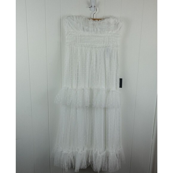 Lulus Womens Delightful Bliss White Mesh Swiss Dot Strapless Midi Dress Medium - Picture 5 of 16